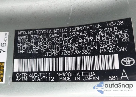 2008 Toyota Prius z USA, uszkodzony, nr VIN JTDKB20U387794352